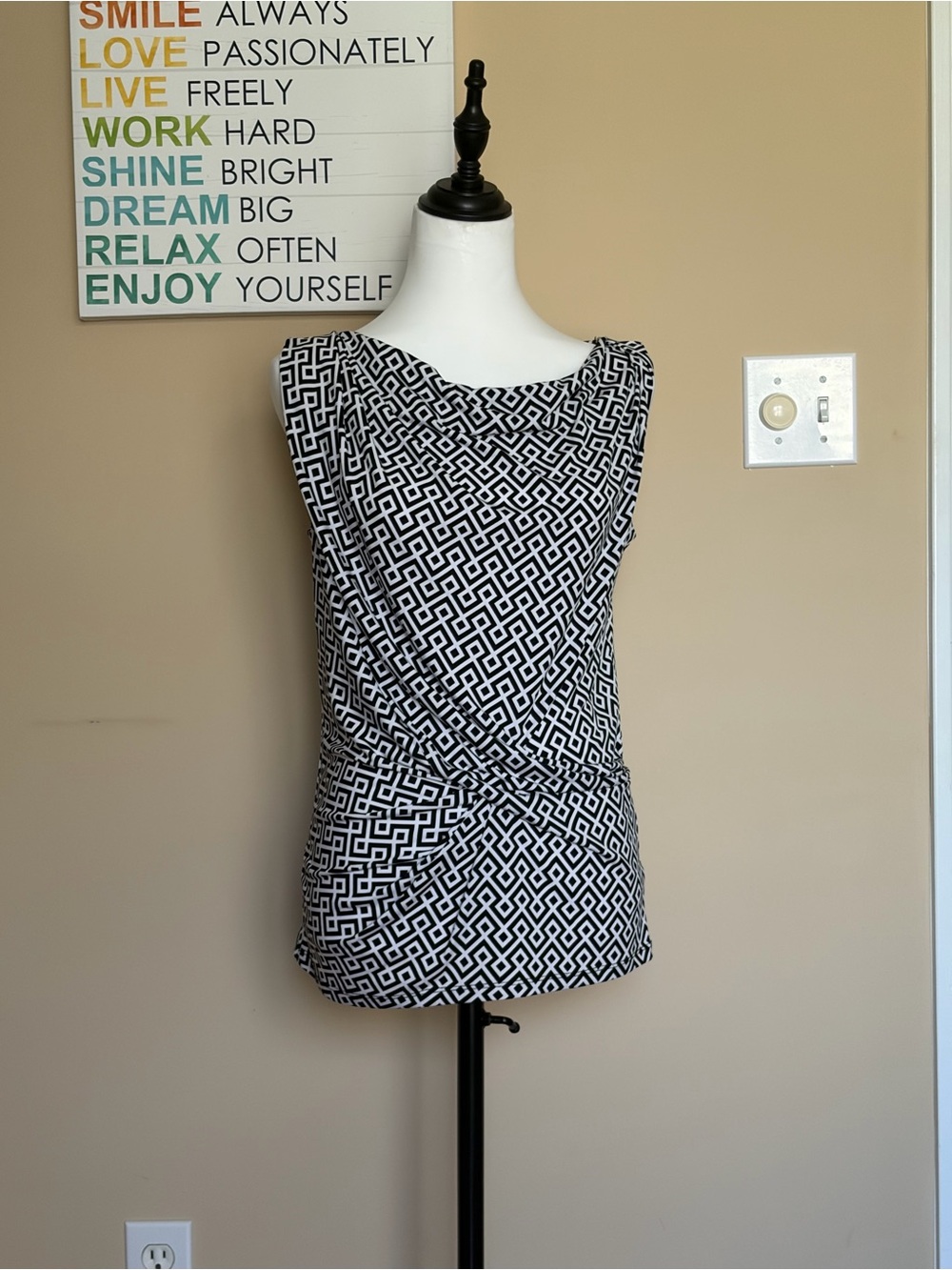 Michael Kors Black and White Geometric Knot-Front Sleeveless Top